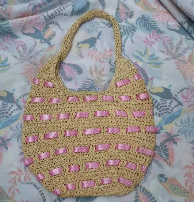 रिबन पेपर crochet पुआल कंधे बैग